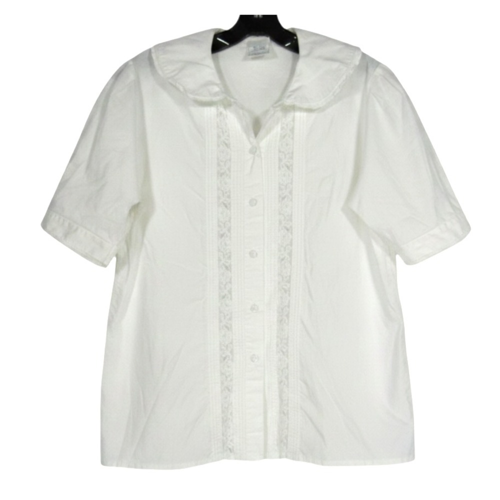 VTG LAURA ASHLEY White TWILL Semi-Sheer Lace PLEATED Button-Up BLOUSE/TOP Sz 12